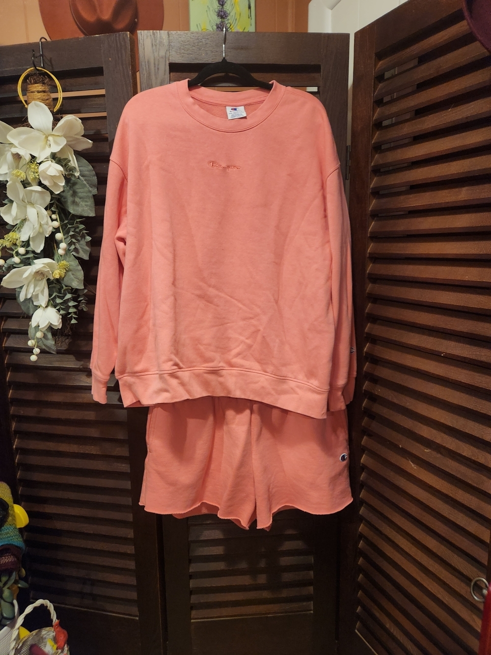 Coral Champion Sweatshirt & Shorts Set